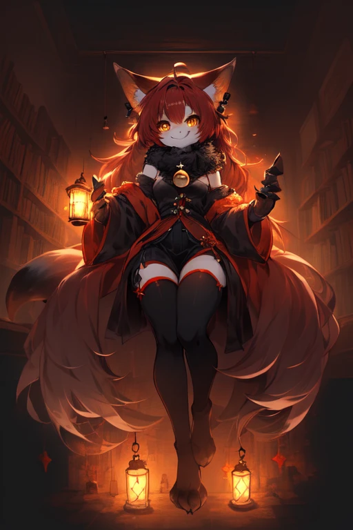 full body、Solo、unpralleled masterpiece、Detailed、 Beautiful、 score_9、 score_8_up、 score_7_up、moody atmosphere、mysterious、fox、anthro、furry、female、orange fur、(long hair、beautiful hair、dark scarlet red hair、side swept hair、bangs、hair bow in hair)、yellow eyes、(tuft of fur)、(digitigrade、claws、fox paws、exposed feet)、(foxy whiskers)、(heavily shaded orange body、dark black shading on body)、(sassy pose、sassy hips、sassy、flirtatious)、fluffy tail、(light smile、soft smile)、wearing (Black simple stylish long socks、non-transparent thigh highs、Black crop off shoulder sweater、Collar with gold bell)、night、indoors、in a library、(dimly lit room、dark room、dark room illuminated by lantern)、(divine letters with incantations on wall、open book with calligraphy written on it)、fog、looking at viewer with adoration