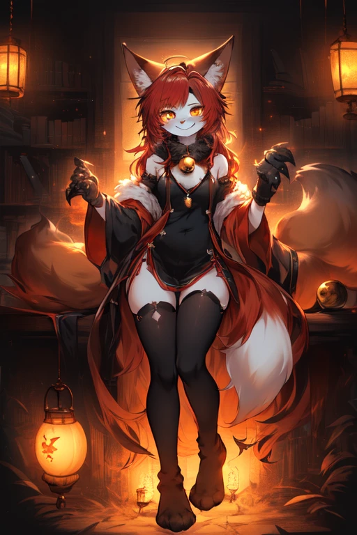 full body、Solo、unpralleled masterpiece、Detailed、 Beautiful、 score_9、 score_8_up、 score_7_up、moody atmosphere、mysterious、fox、anthro、furry、female、orange fur、(long hair、beautiful hair、dark scarlet red hair、side swept hair、bangs、hair bow in hair)、yellow eyes、(tuft of fur)、(digitigrade、claws、fox paws、exposed feet)、(foxy whiskers)、(heavily shaded orange body、dark black shading on body)、(sassy pose、sassy hips、sassy、flirtatious)、fluffy tail、(light smile、soft smile)、wearing (Black simple stylish long socks、non-transparent thigh highs、Black crop off shoulder sweater、Collar with gold bell)、night、indoors、in a library、(dimly lit room、dark room、dark room illuminated by lantern)、(divine letters with incantations on wall、open book with calligraphy written on it)、fog、looking at viewer with adoration