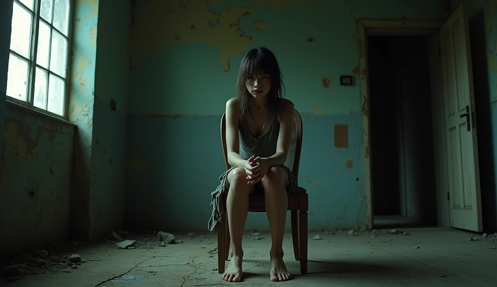 In the depths of the prison, a woman sits in her cell, her arms bound and her legs folded in an M-shape. The cold, damp walls seem to mock her, a constant reminder of her captivity. She longs for , but for now, all she can do is sit and wait, her mind consumed with thoughts of escape.