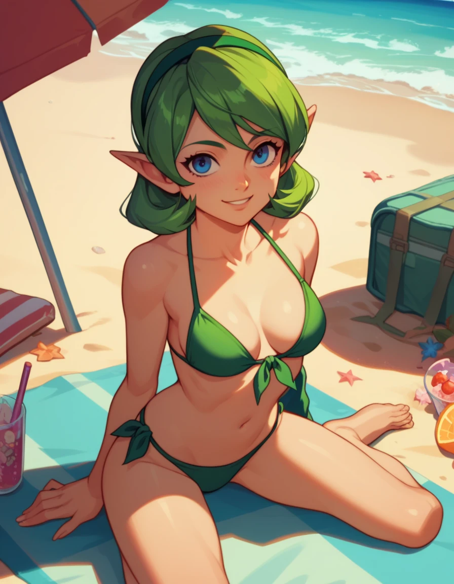 score_9,score_8,score_7,score_8_up,score_7_up,score_6_up, source_anime, anime screencap, saria, sexy, bikini, 1girl, beach, smile