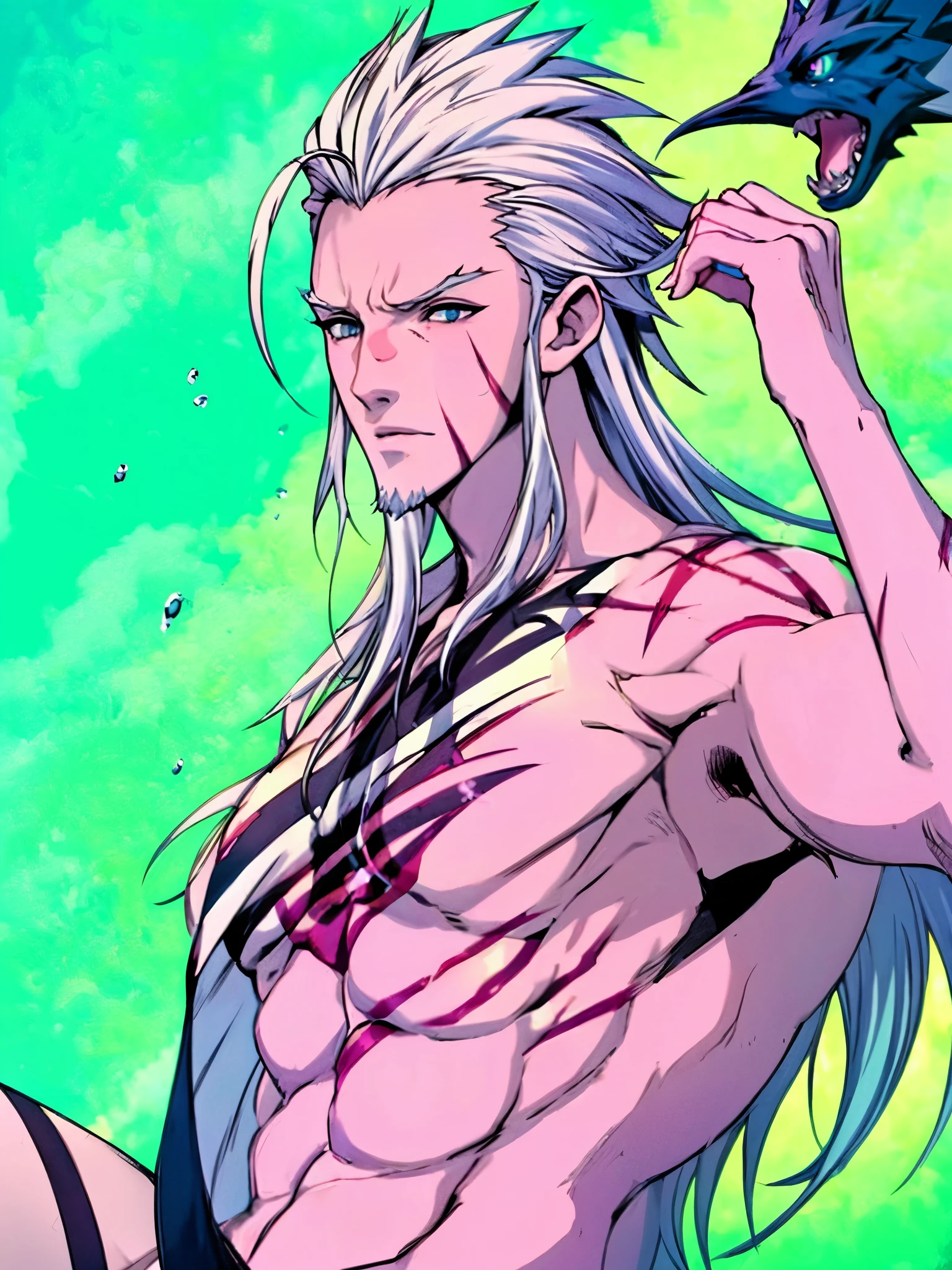 Muzaka, mature man, male character, beard, crows feet, no more characters, male swimsuit, white beach shirt, scars, long hair, spiky hair, messy hair, wild eyebrows, long eyebrows, light blue eyes, ultra detailed, sea drops splashing, (videogame, anime, photorealistic:1.37 ), visual harmony, epic landscapes, extremely detailed CG unity 4k wallpaper, spectacular lighting, sketch, best quality, incredible quality, very aesthetic.