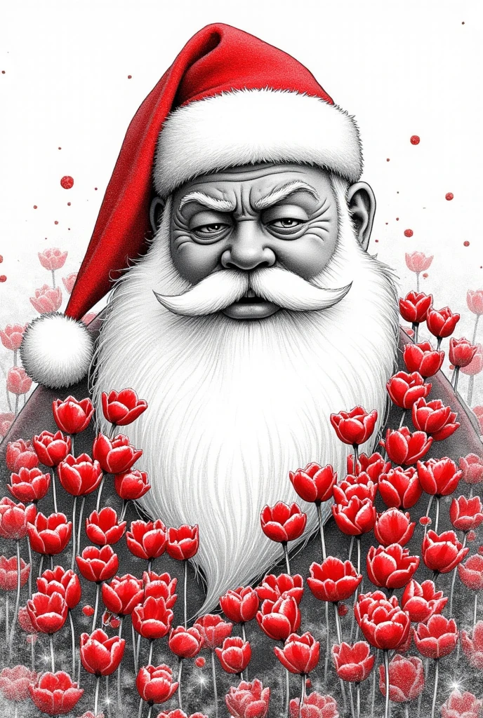 Double exposure, line art, funny cartoon illustration, monochrome Santa Claus with plump and impatient face, BREAK covered with red cyclamen flowers, ultra detailed, absolutely resolution, masterpiece