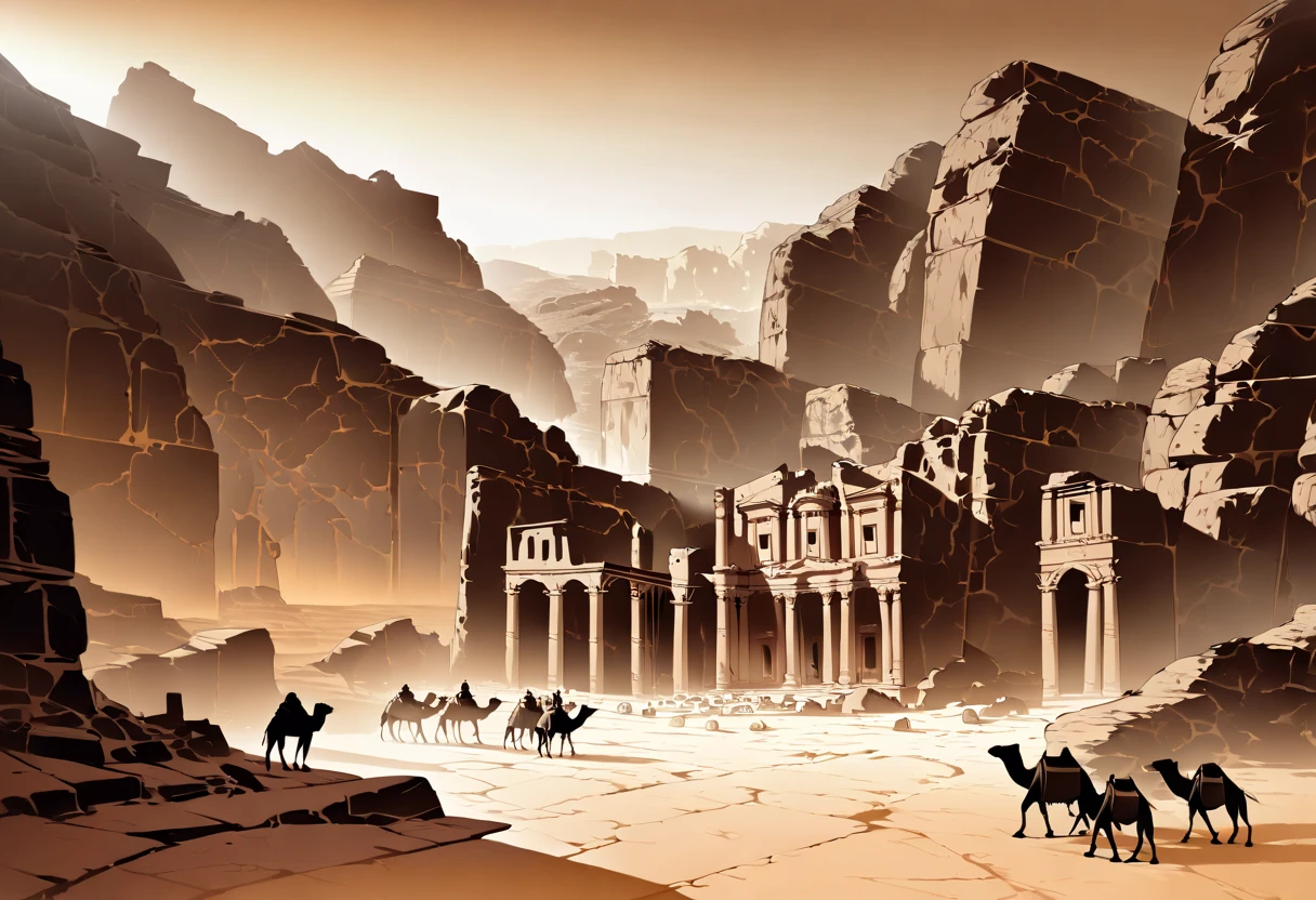 (((Petra ruins and camels))),((The color of sepia on the entire surface)),(( top quality ,masterpiece:1.1)),(( Spectrum of Beautiful Fantastic Lighting )),(Tartarian style ),( Delicate gradation without main line illustration),Desaturated:1.5, detailed landscape ,Shaka Nyorai