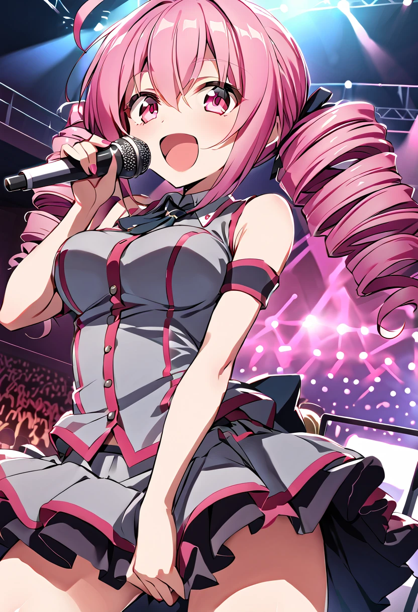  source_anime, 1girl
tetokasane, teto kasane, ahoge, pink eyes, drill hair, pink hair,
detached sleeves, skirt, thighhighs, zettai ryouiki, sleeveless, shirt, grey shirt, collared shirt, grey skirt,
indoors, stage, stage lights, singing, audience, microphone, holding out a microphone, open mouth,
looking at viewer, cowboy shot, dutch angle, round breasts