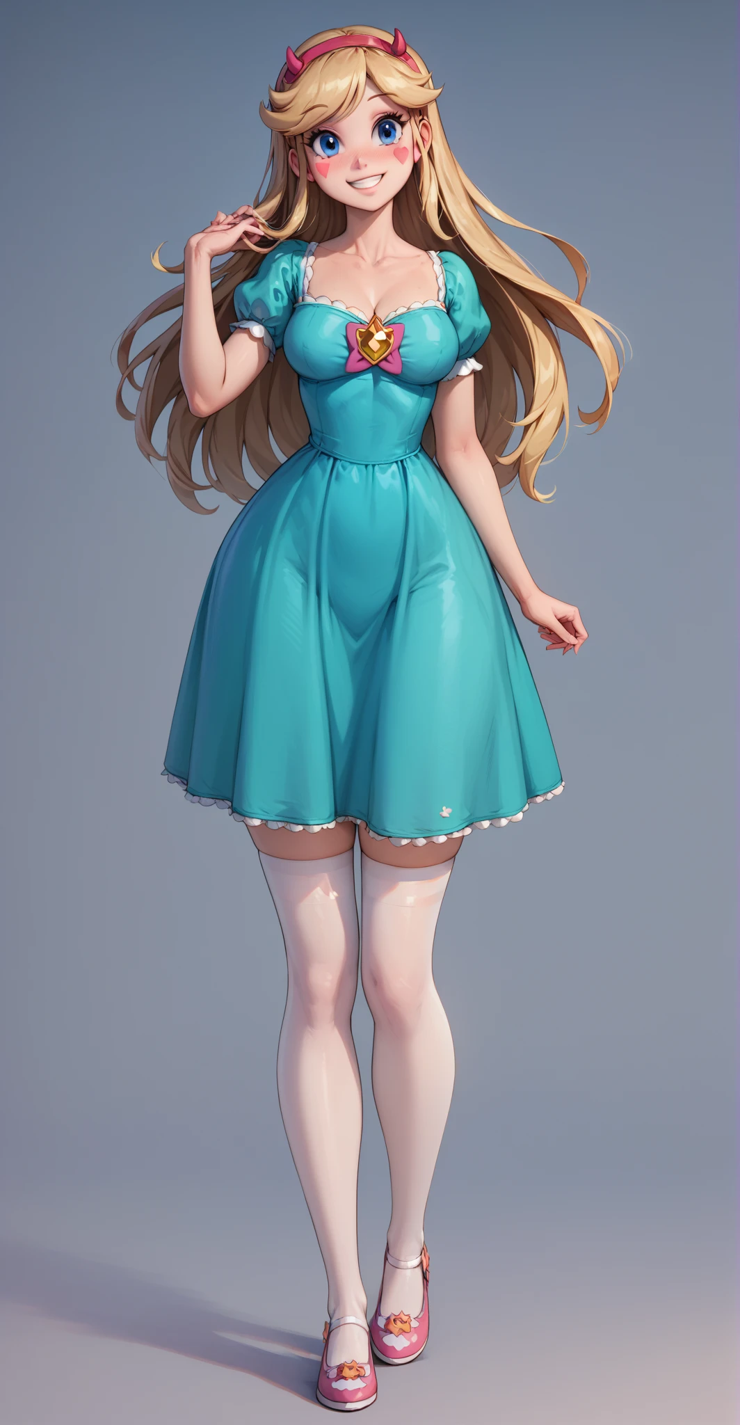 Star Butterfly, 1 girl, standing alone, ssmile, blush, looking ahead at viewer, blue colored eyes, green dress, , marking, ((whole body)), breasts , slender_waist, huge hips, bare thighs, curves, nice curvy legs, white stockings, pink mary janes shoes, front, pose, best qualityer, no flaws, happy, smile, 