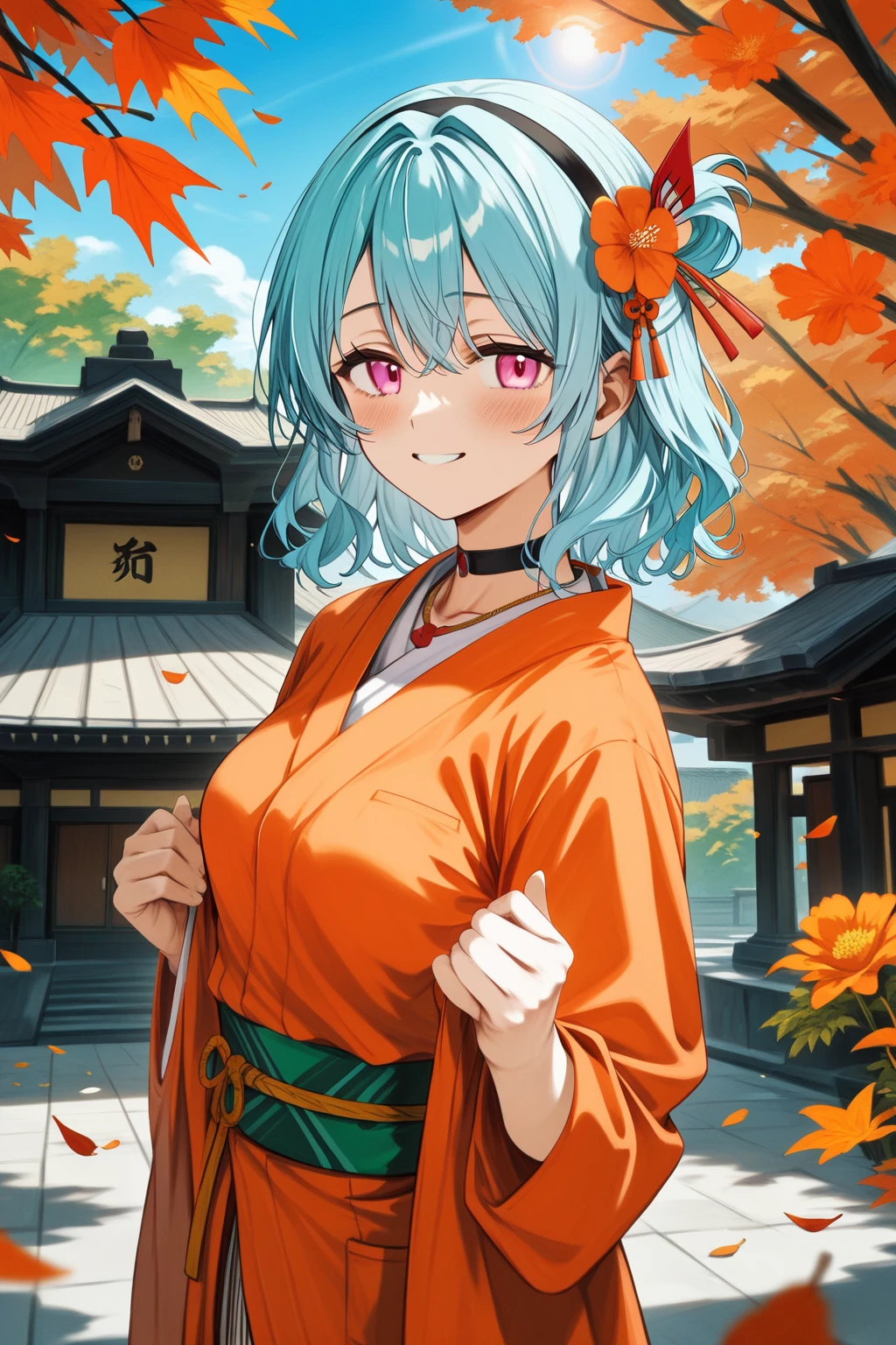 romancing saga 2, (half updo),medium hair,pink eyes, light blue hair, hair ornament, black hairband, orange flower kanzashi,(light orange yukata, emerald green obi), bangs ,black choker,necklace
BREAK
largish eyes ,oval face,medium breasts,Moist eyes、Gentle eyes、Gentle look , blush,smile,
BREAK
High Quality eyes,high definition , masterpiece,  anatomically correct ,  very detailed,  High Quality ,lens flare
BREAK
Dienamic sexy pose、temple, leaves changing color,