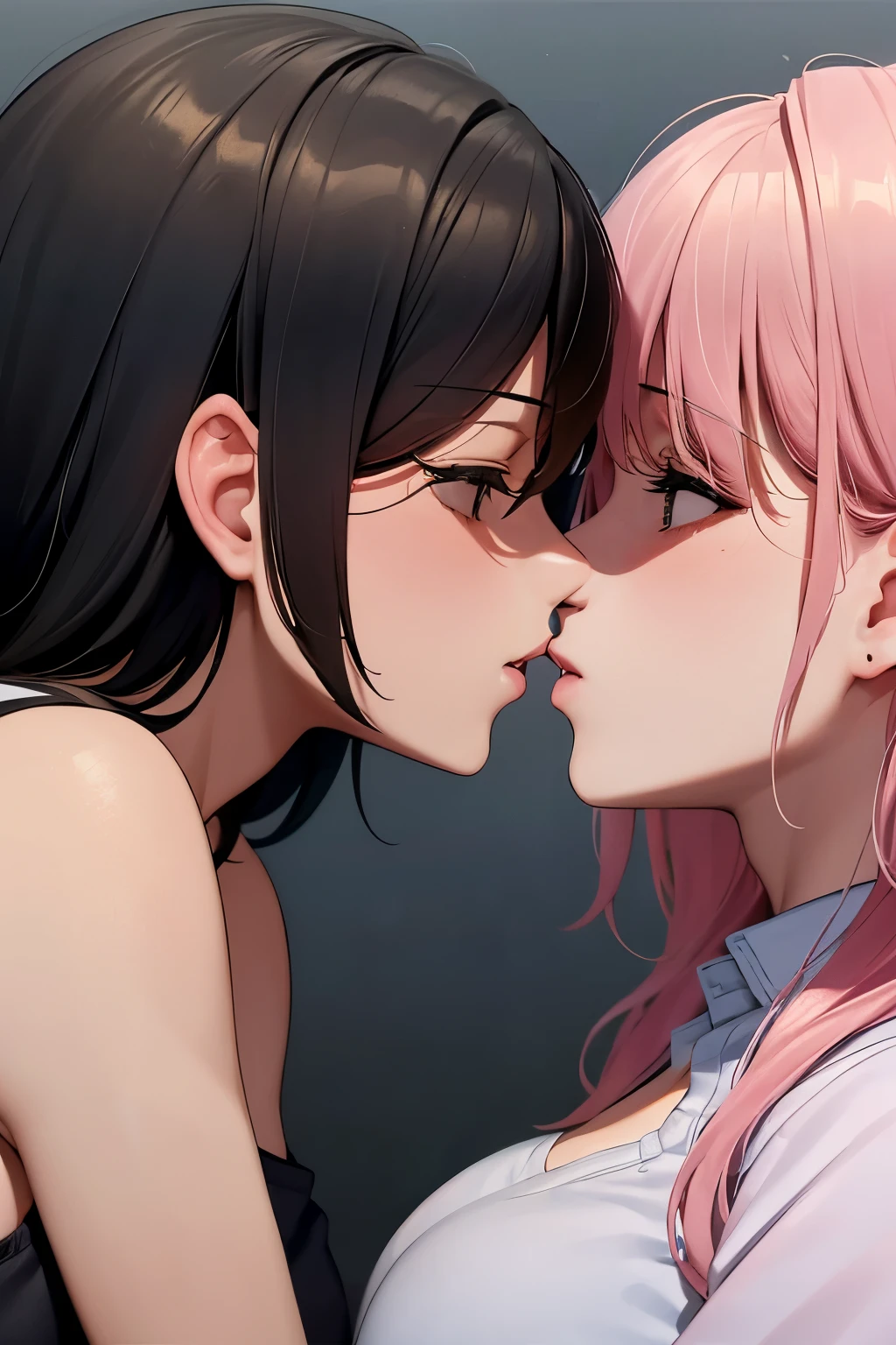 2girls:1.9, two lesbian girls kissing, yuri, yuri kiss, intertwined tongues, exchanging drool, shoulders and neck, sweaty, hot embrace, stringy drool, nurse, pink nurse uniform, empty hospital room, hidden, girls ging each other, face to face, wide s hot, uhd, masterpiece, anatomically correct, textured skin, high quality, high detail