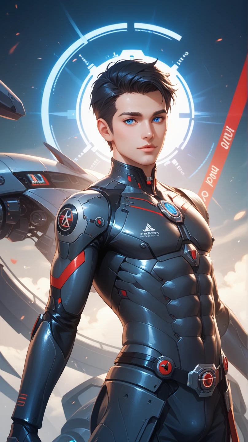 1male, mature male, (undercut), black hair, (grey eyes:1.2), [beard:stubble:0.25], smirk, black bodysuit, science fiction, sci-fi, cosmic background, (2D), anime