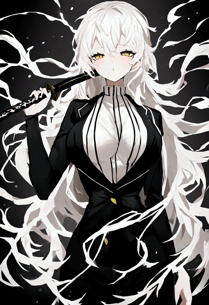 shake  hair, fluffy white hair with white stripes, yellow eyes, big chest, holding a katana sword. Wearing a turtleneck shirt showing shoulders. Big tits. 