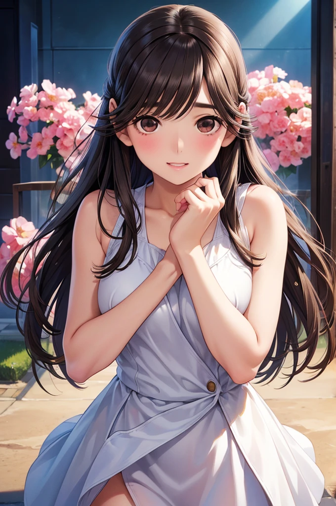 masterpiece、Highest quality、High resolution、High-quality images、8K, 1 female、Skin Radiance、Texture of skin and clothing、Expression of fine eyes、Shiny latte-colored hair,Long Hair Girl, Manga inspired by Lee Jong-suk, Trending on deviantart, realism, detailed manga style, Manga art style, Perfect Line Drawing, Beautiful line art, digital manga art girl, K-POPアイドル, dress, Beautiful pink eyes, Fuller lips, Gorgeous face with attention to detail, (Cute Smile), charm, Innocent, Side view, (Perfectly detailed face), (Beautiful Hands) Photorealistic images, Written boundary depth, Half-up hairstyle, tiara, 白いウエディングdress,At a wedding,Association, evening,Lots of roses,