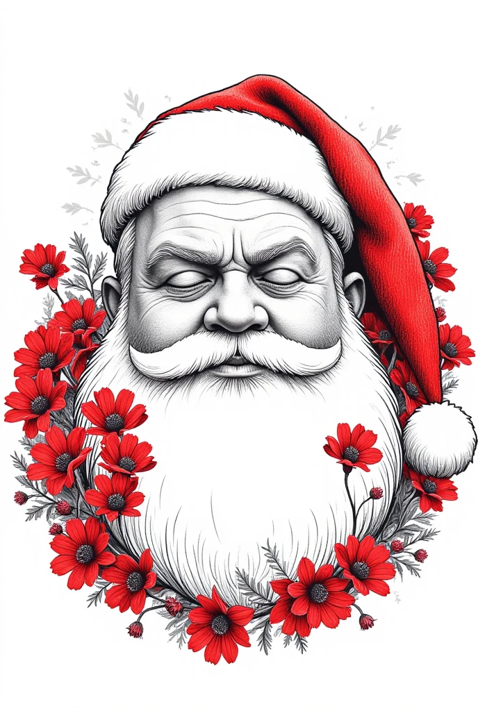 Double exposure, line art, funny cartoon illustration, monochrome Santa Claus with plump and impatient face, BREAK covered with red cyclamen flowers, ultra detailed, absolutely resolution, masterpiece