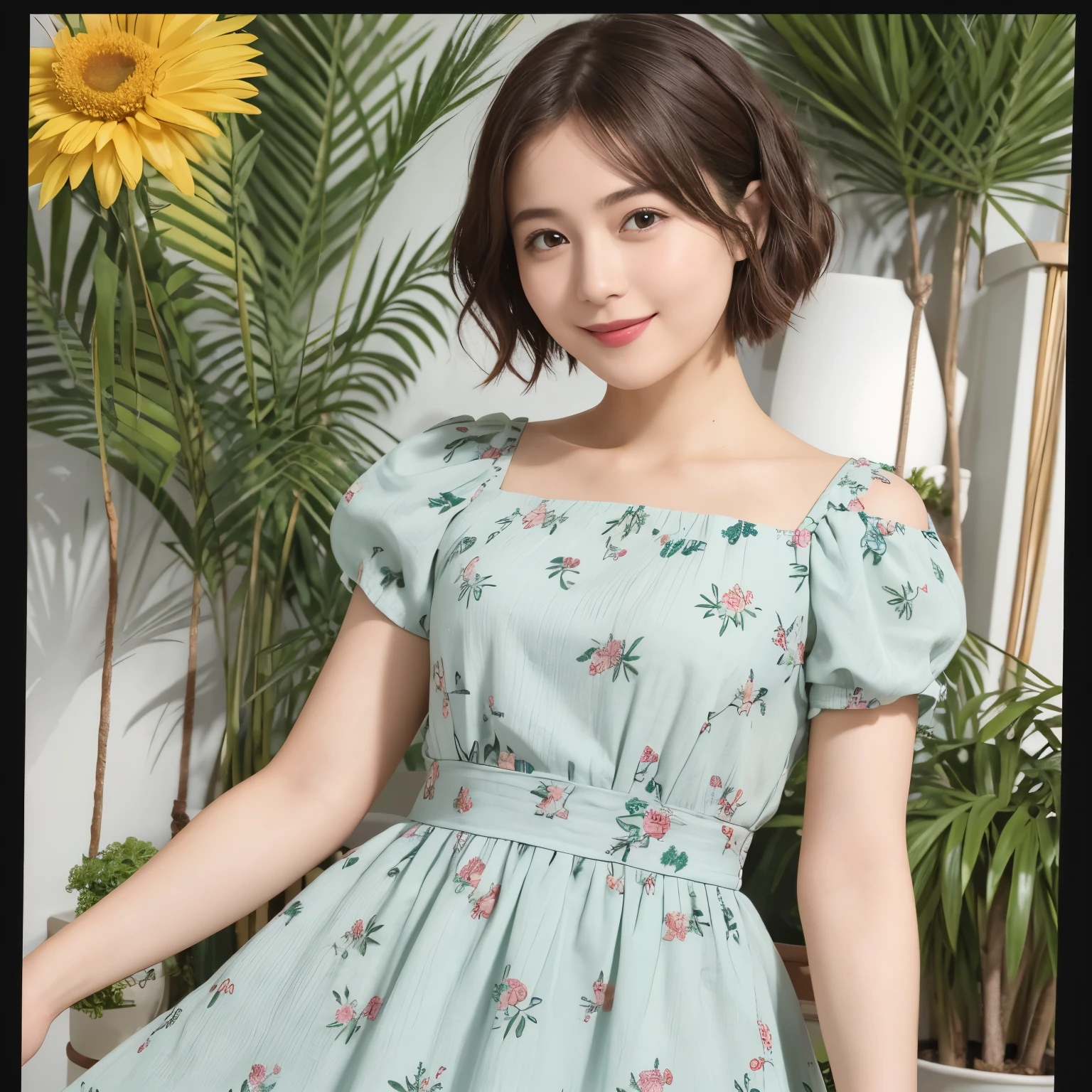 339 (20-year-old female, short hair), ( high image quality), (smile), ( Colorful Dress), ((Arietti's View of the World )), (BIG PLANTS ), (Dollhouse)