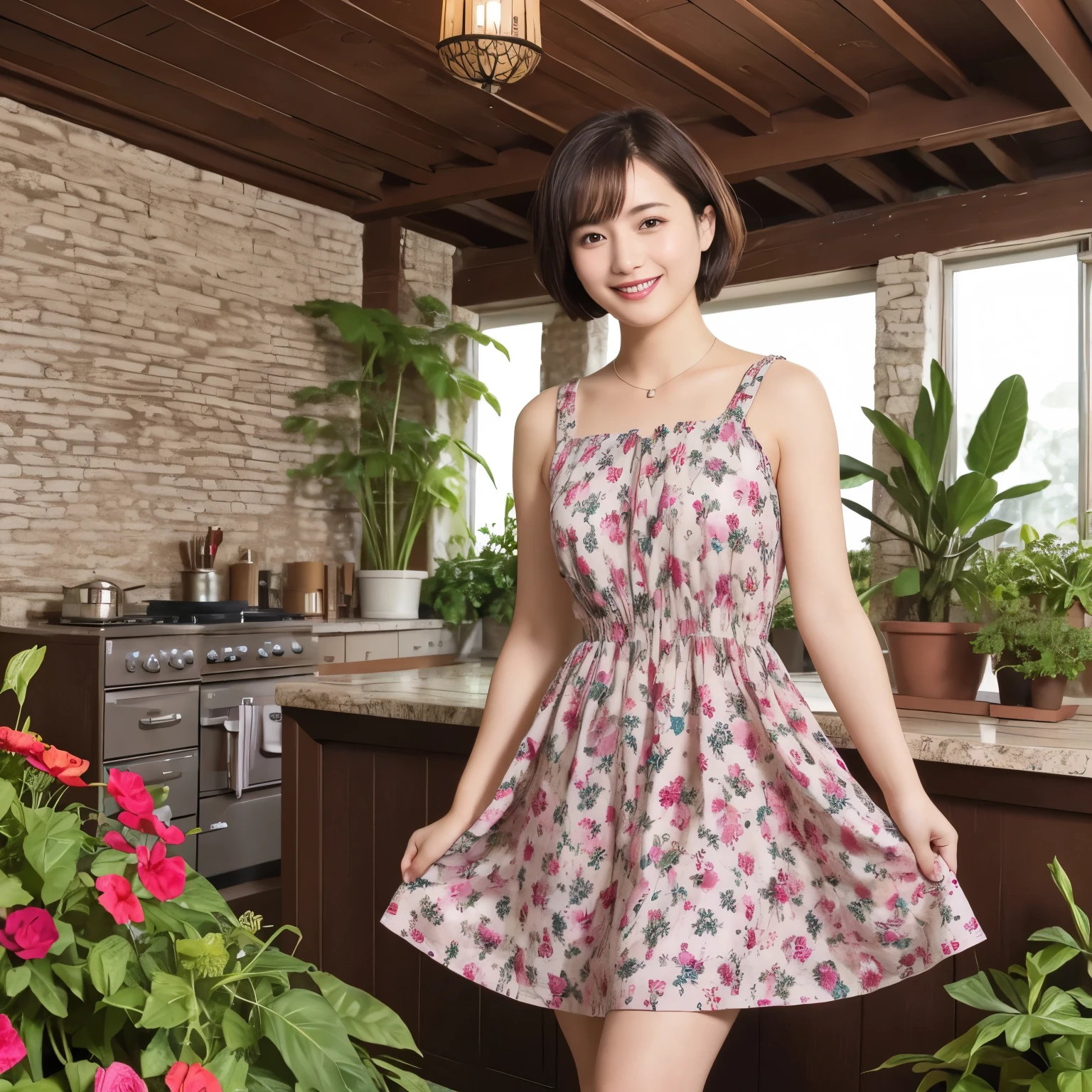 339 (20-year-old female, short hair), ( high image quality), (smile), ( Colorful Dress), ((Arietti's View of the World )), (BIG PLANTS ), (Dollhouse)