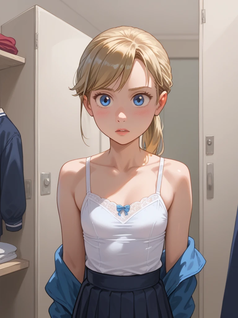 petite,thin, slim waist, slim,score_9,score_8,score_7, score_6,score_5,score_4,score_3_up, ((blonde ponytail hair)), blue eyes, school, (((crowded))), girl's changing room, stripping in front of (((old teacher)))