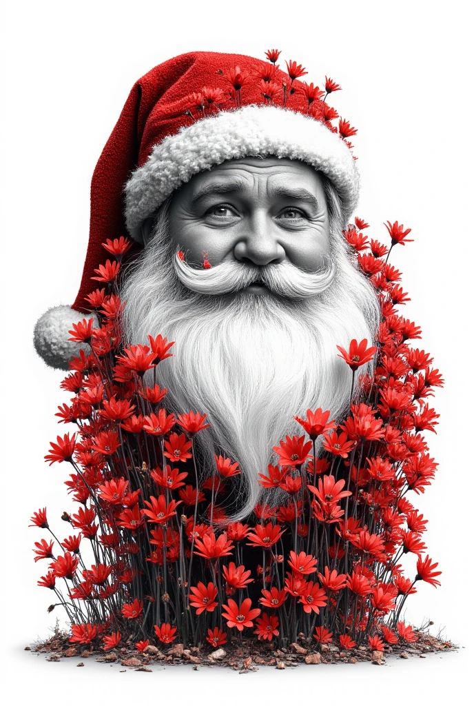 funny cartoon illustration, monochrome Santa Claus with plump and impatient face, covered with red cyclamen flowers, ultra detailed, absolutely resolution, masterpiece