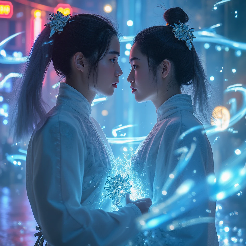 A handsome Chinese boy and girl competition, full body, combat posture, sharp eyes, clear facial features, wearing Hanfu, runes around, holographic reality, holographic halo, motion blur, game light effects, edge light, soft light, movie edge light, delicate light