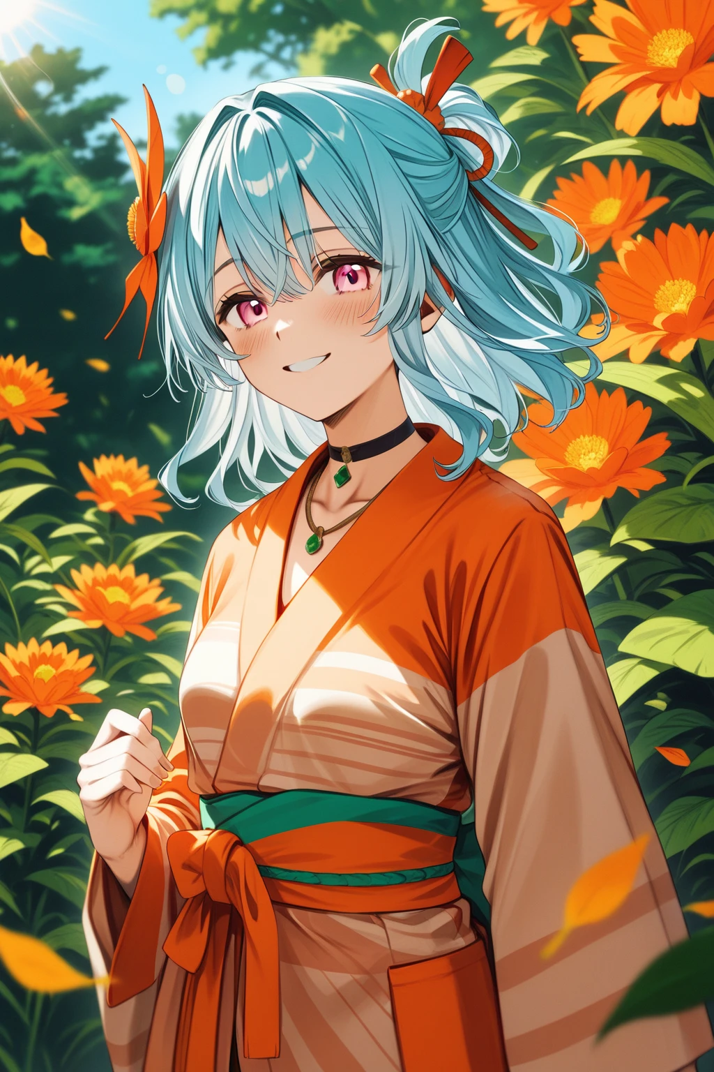 romancing saga 2, (half updo),medium hair,pink eyes, light blue hair, hair ornament, black hairband, orange flower kanzashi,(light orange yukata, emerald green obi), bangs ,black choker,necklace
BREAK
largish eyes ,oval face,medium breasts,Moist eyes、Gentle eyes、Gentle look , blush,smile,
BREAK
High Quality eyes,high definition , masterpiece,  anatomically correct ,  very detailed,  High Quality ,lens flare
BREAK
Dienamic sexy pose、leaves changing color,