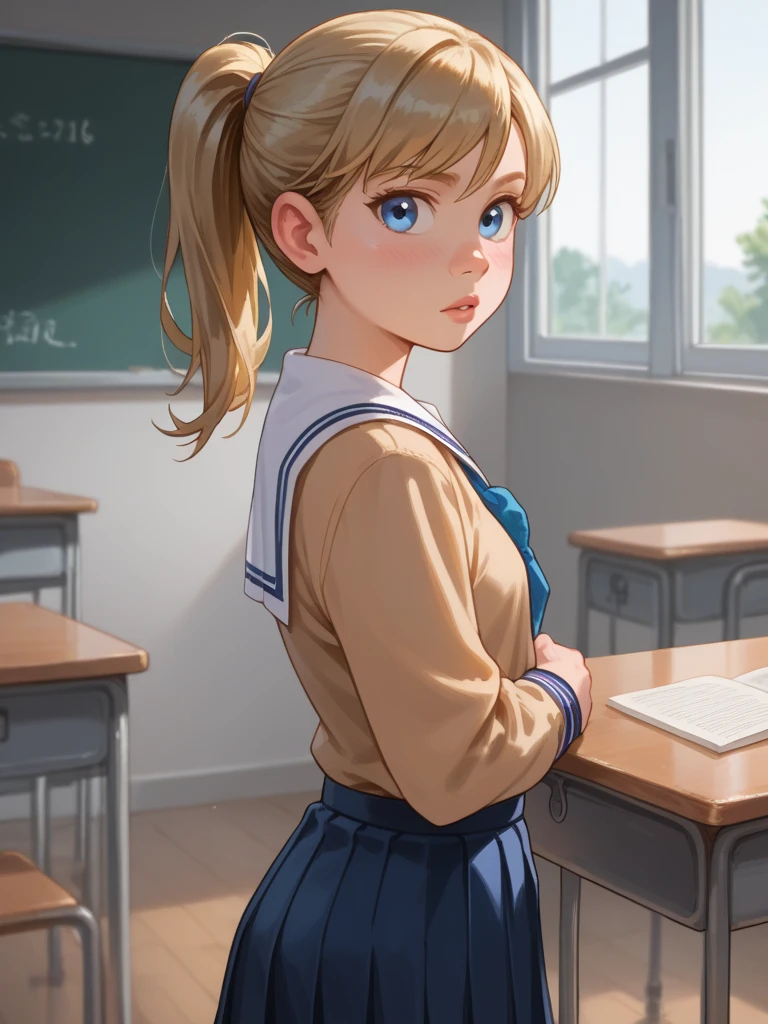 petite,thin, slim,score_9,score_8,score_7, score_6,score_5,score_4,score_3_up, ((blonde ponytail hair)), blue eyes, school, uniform, ass slip