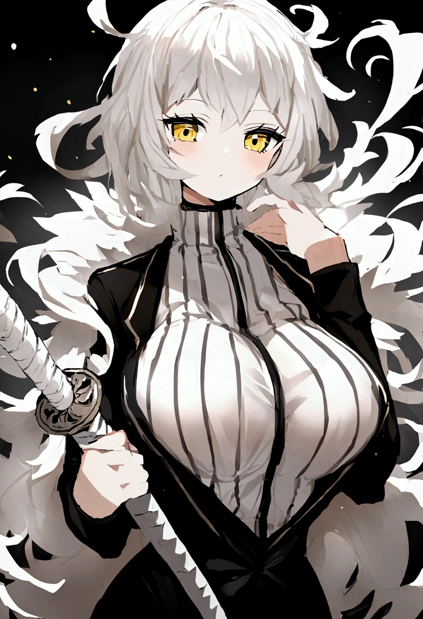 shake  hair, fluffy white hair with white stripes, yellow eyes, big chest, holding a katana sword. Wearing a turtleneck shirt showing shoulders. Big tits. 