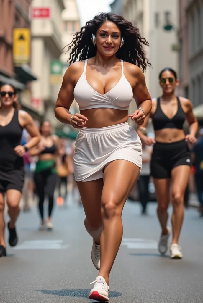 （A running Asian girl），（Nineteen years old），（ultra HD picture quality），（Extremely delicate portrayal），（8k wallpaper），（Movie lighting），（best qualityer），Sexy figure（Extremely standard and perfect body structure），（Running:1.3), Martial arts action，Sweat soaks the body，tight costume，（Flowing fabric：1.3）shorter pants（black in color：1.5），Suspender T-shirt（white colors：1.5），Red sneakers，Extremely delicate skin（There is pronounced sweat：1.3），closeup of face，Muscle lines are pronounced，A plump chest，Plump buttocks，The expression is cold，short detailed hair（black in color：1.5），Downtown street，crowd of（Faraway view：1.3），（Full body appearance：1.5），closeup cleavage