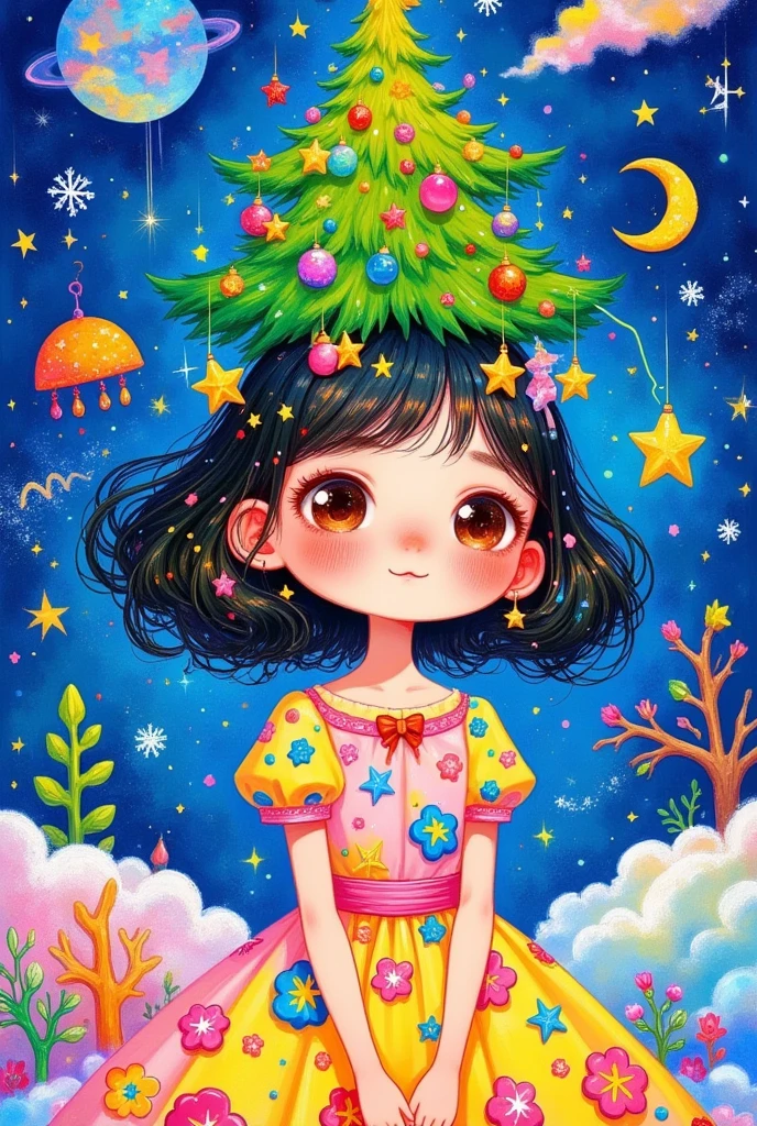 there is a cartoon girl with a christmas tree on her head, jen bartel, magical tree, seasons!! : 🌸 ☀ 🍂 ❄, colorfull illustration, a beautiful artwork illustration, with a tall tree, christmas tree, magic tree, fairy-tale illustration style, by JoWOnder, lady with glowing flowers dress, anime girl with cosmic hair, magical dress