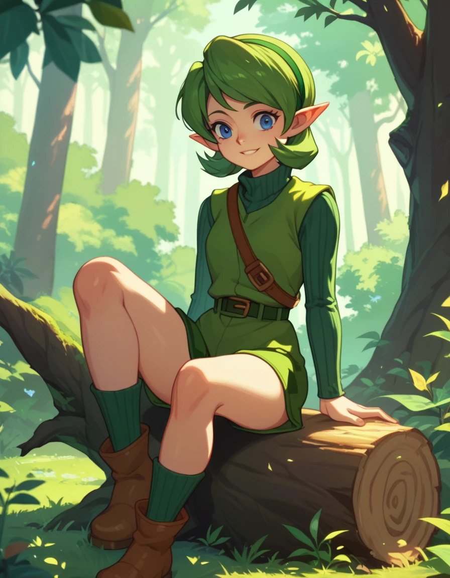 score_9,score_8,score_7,score_8_up,score_7_up,score_6_up, source_anime, anime screencap, saria, sexy, plaid long sleeve, 1girl, forest, sitting on a tree stump, smile