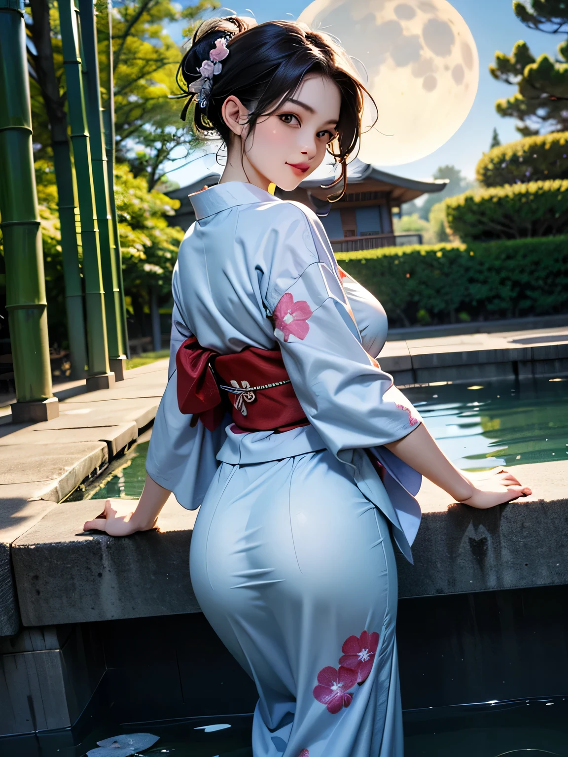 (young woman in a yukata), opll, Ultra-detailed、( top quality 、8k、 high definition 、masterpiece:1.2)、 RAW photos 、Realistic、 angle from below、[ back view]、 1 Japanese Girl 、18 years old、( perfect anatomy:1.3)、(( beautiful eyes))、 A beautifully arranged face 、 Look Back and Watch Viewers、 Confident Smile、 hourglass figure、 super big boobs pointing upwards、Big Broad Ass 、 flower-patterned yukata 、Soft Belt 、Round paper fan 、Attractive sensual mature woman with outdoor bath in the background 、bamboo、moon、Japanese-style lighting 、 cinematic structure 