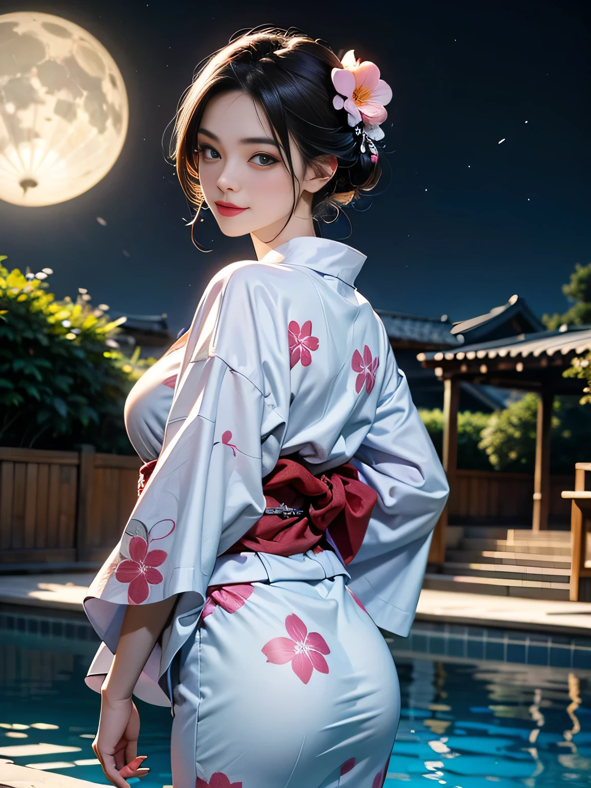 (young woman in a yukata), opll, Ultra-detailed、( top quality 、8k、 high definition 、masterpiece:1.2)、 RAW photos 、Realistic、 angle from below、[[ back view]]、 1 Japanese Girl 、18 years old、( perfect anatomy:1.3)、(( beautiful eyes))、 A beautifully arranged face 、 Look Back and Watch Viewers、 Confident Smile、 hourglass figure、 super big boobs pointing upwards、Big Broad Ass 、 flower-patterned yukata 、Soft Belt 、Round paper fan 、Pool、bamboo、moon、 cinematic structure 
