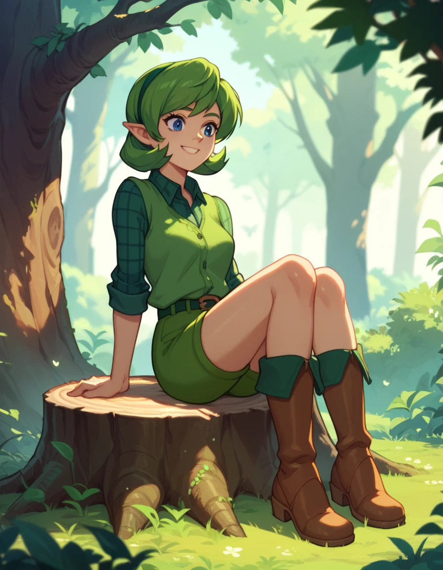 score_9,score_8,score_7,score_8_up,score_7_up,score_6_up, source_anime, anime screencap, saria, sexy, plaid shirt, shorts, boots, 1girl, forest, sitting on a tree stump, smile