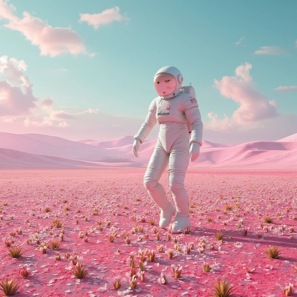 he astronaut walks in the sea of flowers dotted with pink clouds，The astronaut who is alone，The astronaut cannot leave this planet，The astronaut is lost in the boundless space.