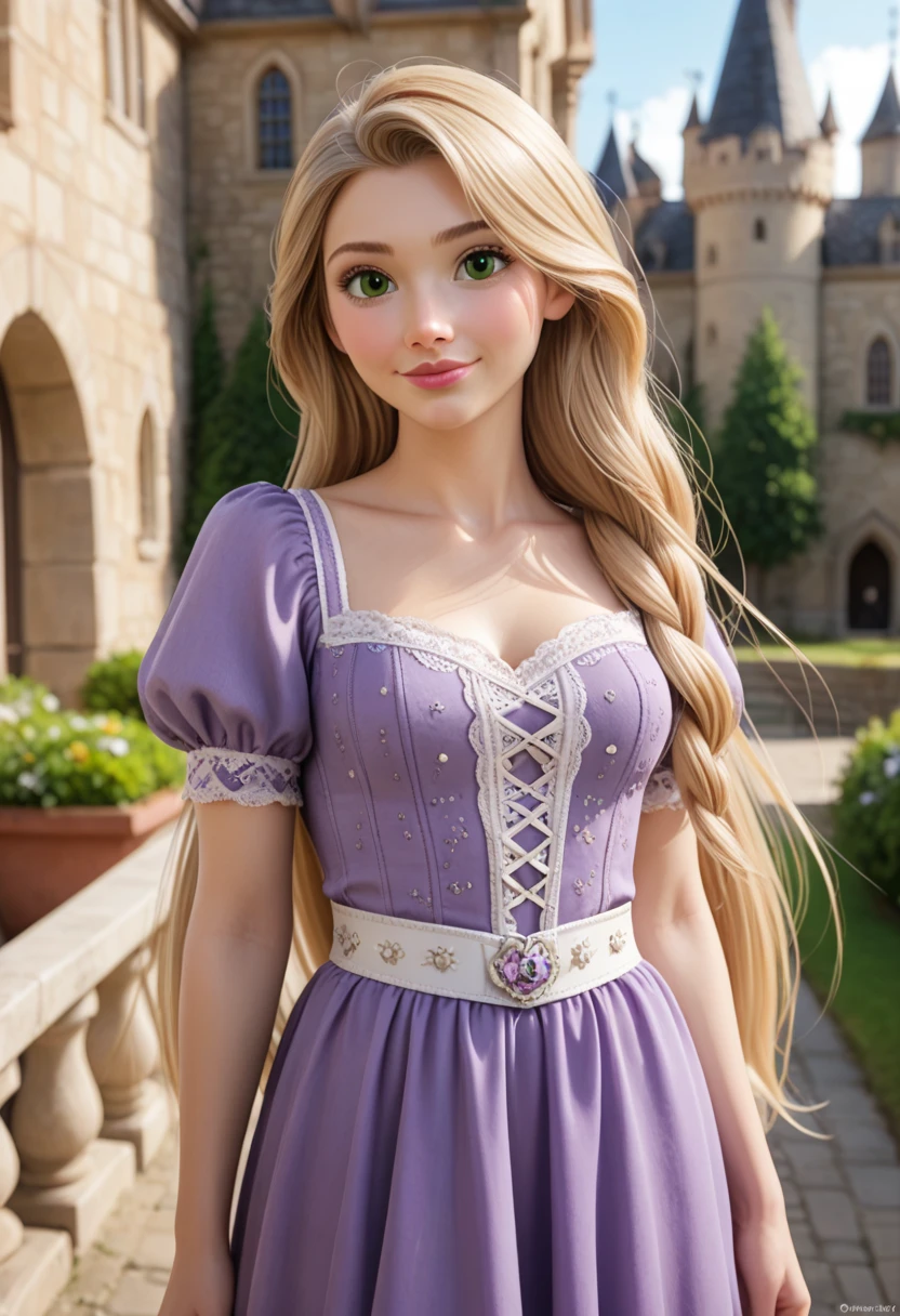 score_9, score_8_up, score_7_up, Western Comics, Portrait, Rapunzel, cute, seductive, innocent, light smile:0.3, plump lips, slender body, long blonde hair, green eyes, cinematic light, purple dress, happy, medieval castle background, depth of field, dynamic angle, fashion photography, sharp, hyperdetailed:1.15