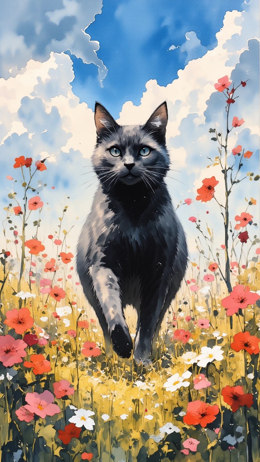 painting of a   black cat walking through a field of flowers, Watercolor painting depicting a black cat walking through a field of flowers,Tumbler,   conceptual art  , Rory Greasley, Most beautiful view , Big Perspective,  just a joke , visually stunning scene,   black cat, Amazing background