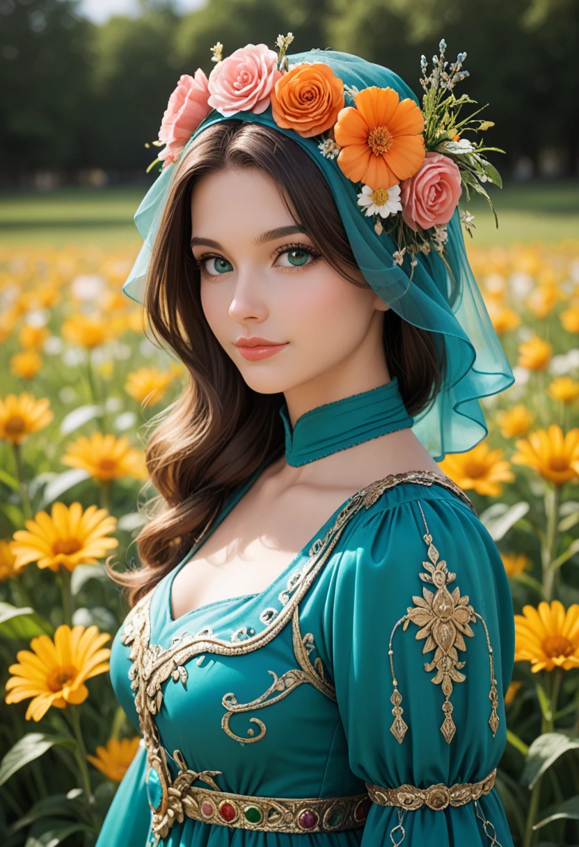 score_9, score_8_up, score_7_up, Western Comics, Portrait, girl, arabian, princess, cute, seductive, innocent, light smile:0.3, plump lips, slender body, flower dress, colorful, flower armor, green theme, teal and orange:0.85, dim colors, low saturation, depth of field, dynamic angle, fashion photography, sharp, hyperdetailed:1.15