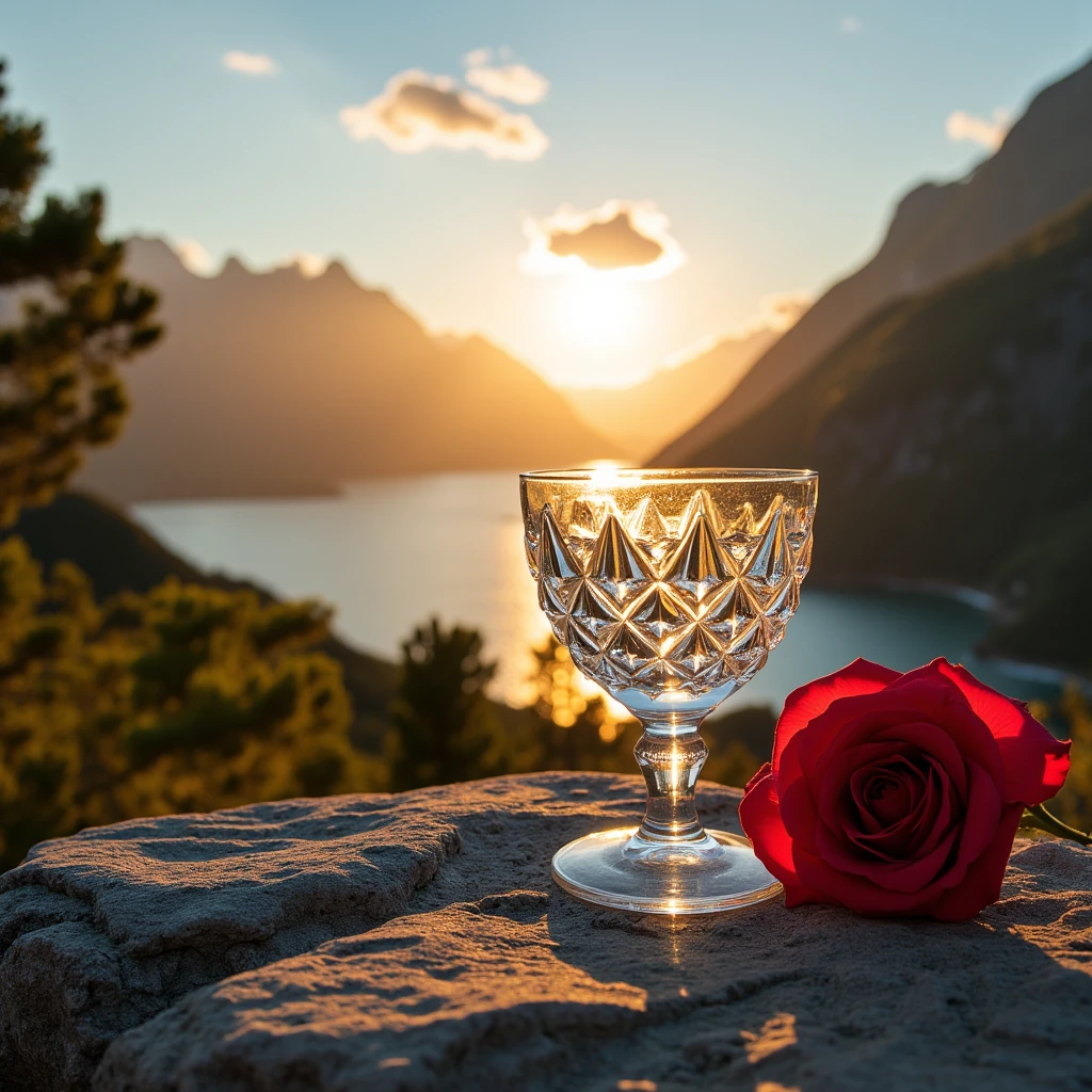 The sun in a crystal glass by the sea, against the background of the mountains, a glass of regular classical shape, opened from above, below, next to the glass, is a red rose, high-quality realistic photography