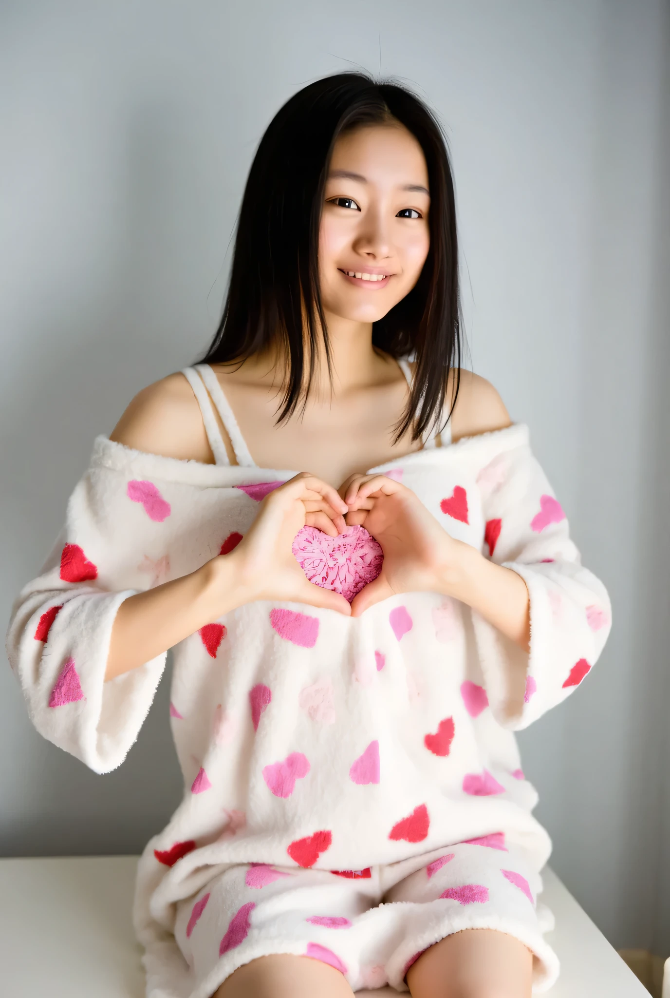  1 woman with a cute smile、{{I'm wearing underwear with cute hearts}}。,  fluffy off-shoulder pajamas,  Making a big heart with both hands , Hold it in front of your chest , View above the collarbone、 {{ has a monotone background}}  、
