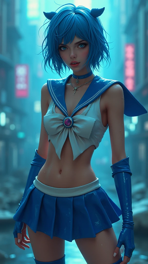 portrait lone (Britney Spears) as (Sailor Mercury)1.4, (cleavage (large breasts), stylish bob haircut, crop-top, (micro-skirt), pantyhose)1.2  (dressed as Sailor Mercury), standing, front view, (high detailed skin:1.2)(realistic pupils,realistic iris:1), 8k uhd, , studio lights, glowing colors, glowing skin, pastel color, colorful, many different colors, (red:1.3, green:1.1, blue:1.2) Sailor Moon