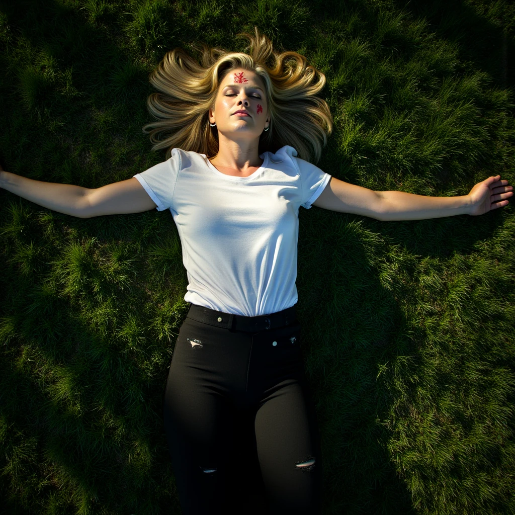 "A top-down, ultra-realistic full-body view of a young, beautiful Ali Larter lookalike, unconscious on a lush, verdant grassy field, conveying a mix of vulnerability and peace. Her eyes are gently closed, arms stretched out to the sides in a gesture of surrender or acceptance, legs slightly bent at the knees, embodying both fragility and repose. Her blonde hair is tousled and spread out around her head like a natural halo. She wears a slightly torn white t-shirt, natural makeup with smudges suggesting a recent struggle, form-fitting black leggings with subtle grass stains, and large silver hoop earrings. Her body shows visible but not gruesome injuries like scrapes, bruises, and a small cut on her cheek, adding depth to the narrative of survival or escape. This scene evokes a strong emotional response; there's a poignant contrast between the violence implied by her injuries and the serene, almost ethereal atmosphere. Sunlight filters through an overhead canopy of oak trees, casting soft, dappled shadows across her form and the grass, enhancing the textures of both the fabric and nature, symbolizing hope or a new beginning amidst adversity. The composition is cinematic, focusing on realism to capture the haunting beauty, the quiet after conflict, with every detail from the texture of the grass to the weave of her clothing meticulously rendered, inviting viewers to ponder her story, her resilience, and the peace she has found in this moment."