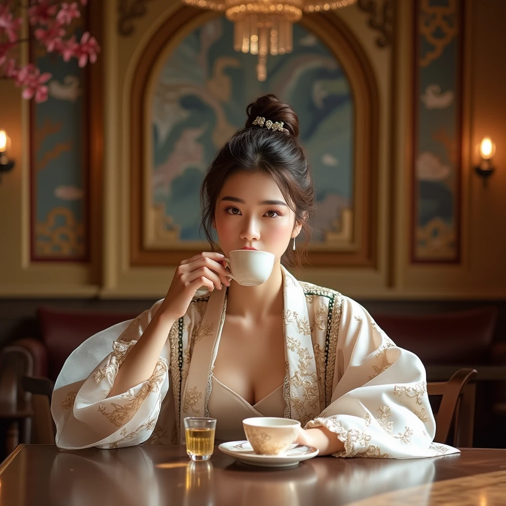 a close up of a woman sitting at a table with a cup of coffee, palace ， a girl in hanfu, a young woman as genghis khan, beautiful oriental woman, chinese woman, chinese girl, chinese princess, an asian woman, a young asian woman, ancient chinese princess, asian woman, wearing ancient chinese clothes, traditional beauty, young asian girl