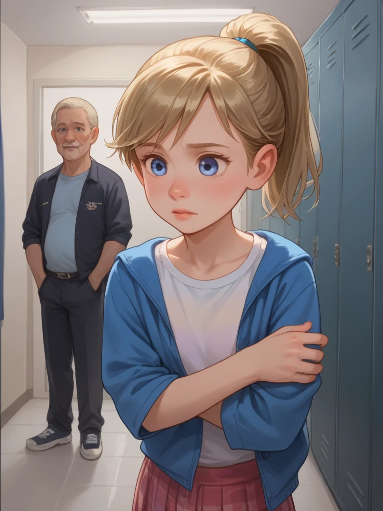 score_9,score_8,score_7, score_6,score_5,score_4,score_3_up, ((blonde ponytail hair)), blue eyes, school, changing room, undressing, (((old male watching)))