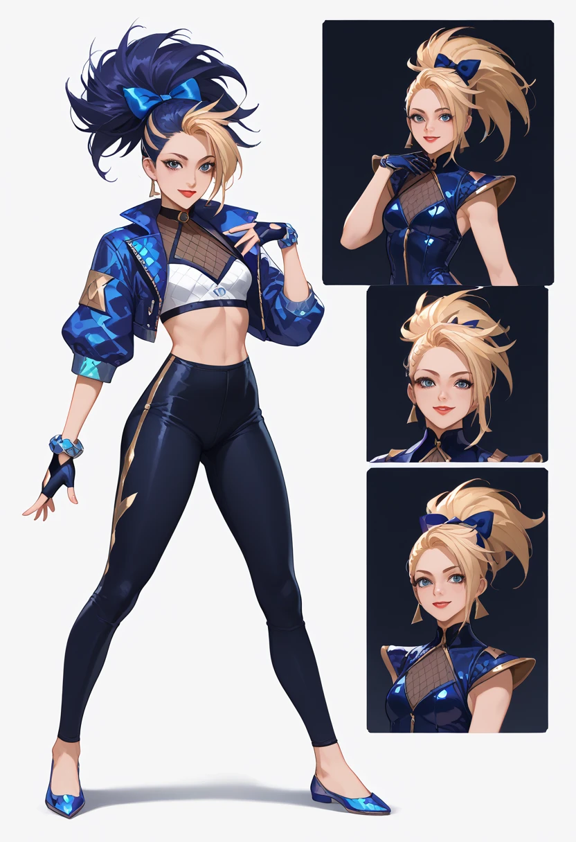 ((full body shot))K/DA Akali - ((character design sheet)), masterpiece, best quality, highly detailed, score_9, score_8_up, score_7_up, score_6_up, anime font,BREAK , 2girl, long hair, blue eyes, hair bow, small breasts, bow, looking at viewer, freckles, parted lips, smile, full body, red lips, lips, side front, she looks at you, your gauze hurts, fishnets, white background, neutral cast, dance pose, shoulder pads, leather ballet slipper , gold, gloves

