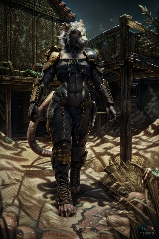 solo,anthro, rat, rodent, skaven, fluffy, safe, rat tail, hairy, warhammer fantasy, vermintide, front view, black body:1.3,masterpiece,highly detailed,8k resolution,solo,ultra detailed perfect piece,masterpiece,extremely detailed CG 8k,very fine 8K CG,best quality,absurdres,zoomed out view,full body view, full length portrait,((anthro)), 8k, 4k, 2k, detailed, intricate, (female), ((solo)), ((detailed fur)),Perfect Anatomy

Detailed background,a bright but desert likd wasteland in a battle field, in control of other skaven,zoomed out full body view,must be bright colors to see

Character a very big and tall Skaven female standing at over 12ft tall being a towering figure being taller then a house,D cups,thick thighs,feminine massively over-muscled phyique with abs,muscular arms,muscular legs,short white hair in a bob cut,thick messy fur on the body,dark black fur only,golden yellow eyes,one singular long pink rat tail,a pink nose on her snout,sharp fanged teeth on the muzzle,hands and feet being pink and rat like paws like with long and sharp claws for, she is smiling and confidently

She wears nothing but a space marine’s armor but with no helmet or gloves or boots, the armor is scavanged up and themed to fit for a skaven as a scavanges and forced to fit for a top and bottoms, the armor has an energy shield powered by the green glow of warpstone, the armor is black with the main color, red with rhe secondary color, with gold and silber timmongs

She has a Modified Storm Bolter in her left hand, a powerful flamethrower, and in her right hand lightning-infused blue steel axe with a blue lighting glow to it,with her armor having a green glowing rocks in it due to warpstones being embeded into the chest, stomach and shoulder armor areas

Must have black fur,as in jet black color for a pure black coat of fur,but not white fur with Space Marine themed armor

by personalami, by zephyxus, by darkgem, by null-ghost, skaven, MFBP1, Warhammer 40K