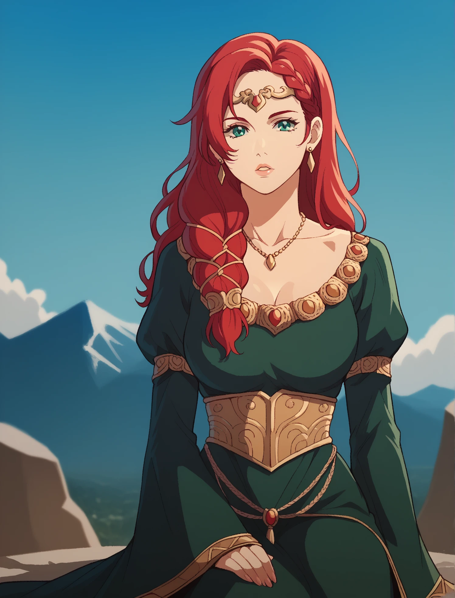 best quality, highres, HeraLOTR, solo, red hair, long hair, braid, green eyes, green dress, golden waist piece, golden waist clothing, long sleeves, circlet, necklace, earrings, dynamic angle, outdoors, realistic background, blurry background, bokeh, posing, sitting on rock, sitting, posing, sky, in mountains, flowing hair, heroic, epic composition, godrays, parted lips, looking at viewer, head tilt, hips tilt, hand on rock, on rock, knees, 