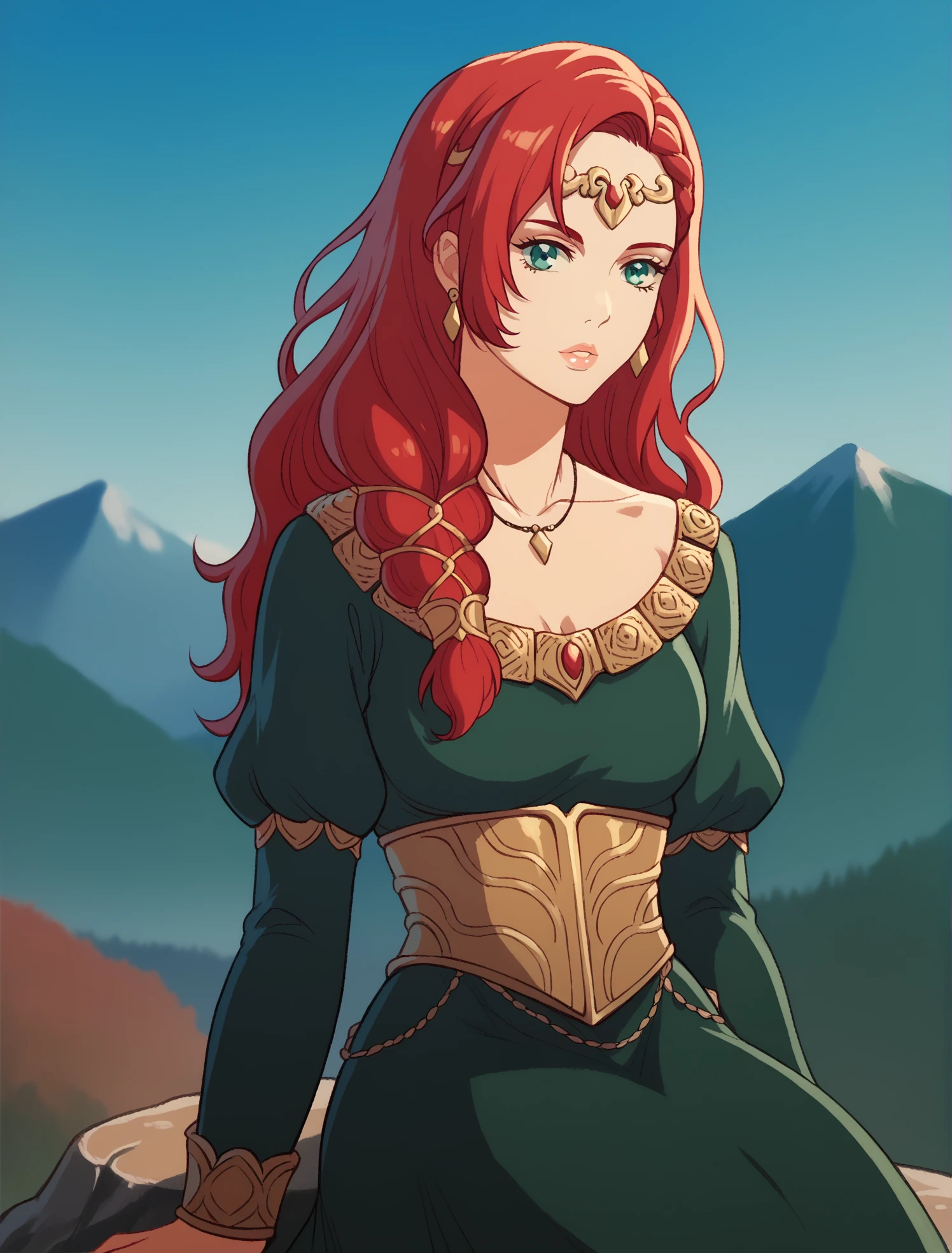 best quality, highres, HeraLOTR, solo, red hair, long hair, braid, green eyes, green dress, golden waist piece, golden waist clothing, long sleeves, circlet, necklace, earrings, dynamic angle, outdoors, realistic background, blurry background, bokeh, posing, sitting on rock, sitting, posing, sky, in mountains, flowing hair, heroic, epic composition, godrays, parted lips, looking at viewer, head tilt, hips tilt, hand on rock, on rock, knees, bubble tea 