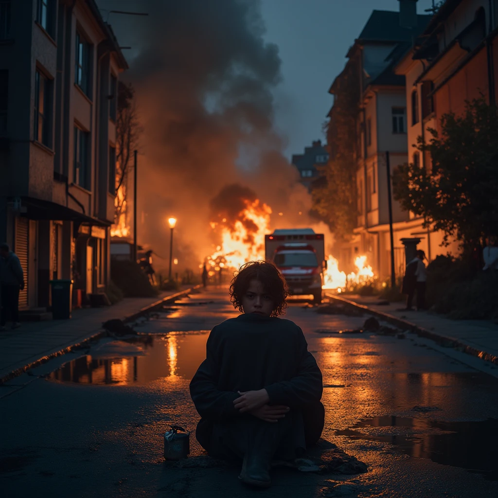 ((A  sitting in the street feeling cold crying, teary hinged eyes, sadness cute face 🥺 )), the background of ((a burnt flat ruined and an ambulance, p((olice people turning to extinguish the fire with water buckets, night, police lights, smoke outside the destroyed house, flames))