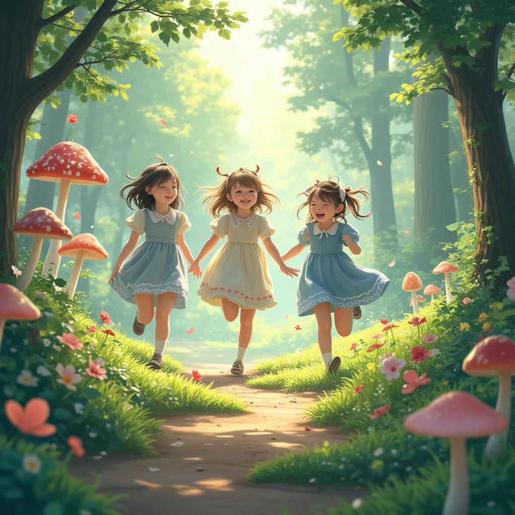 Vision, (three Lolitas: 2) Stable diffusion is the best image quality, morning sunshine, spring scenery, dew and flowers, flying hair, living in a dreamland of mushrooms and fairy tales, traveling, running, and laughing. forest path