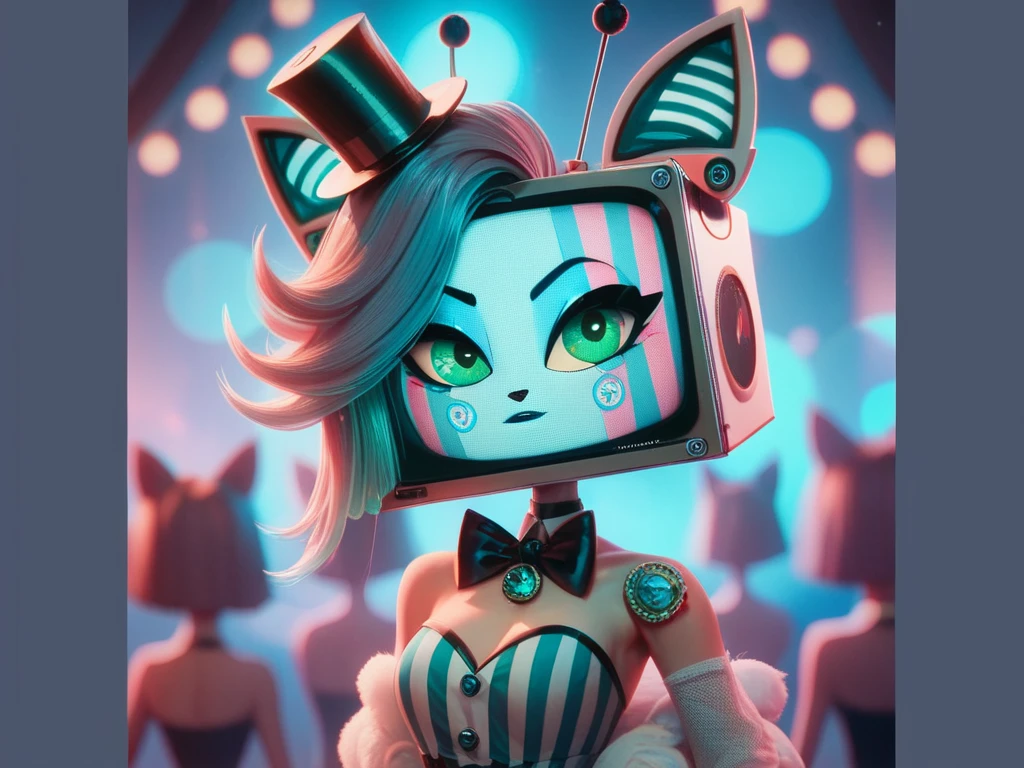 Generate an oc : feminine, de the amazing digital circus,  inspired by the Vox of Hazbin Hotel,  with a television head ,  but green eyes and screen /skin color cyan blue , Digital Art,  blurry background,  masterpiece ,  best quality ,  full body