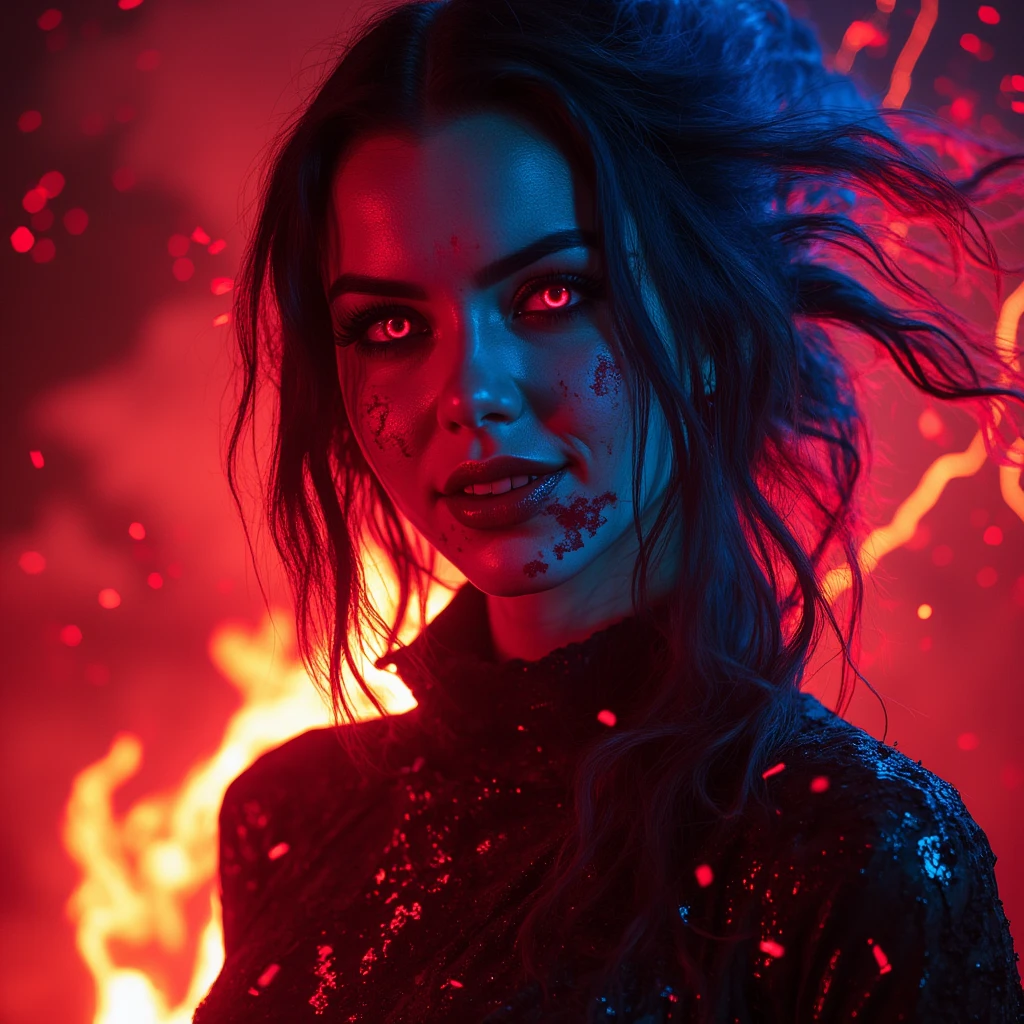 1girl, flying hair, red eyes, fire witch, blood on face, light particles, lightning rays, wallpaper, colorful, high contrast, vampire, smirk, evil smile, psychopathic smirk, psychopathic smile, tilted head