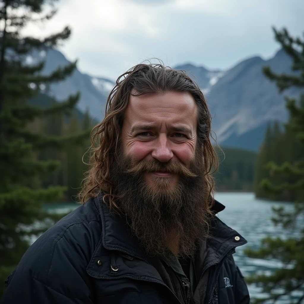 A man with brown hair, 40 years old, ((Viking beard), (((upper body portrait, happy)), nature, lake on the mountain, (((cloudy weather)), ((late afternoon)), ((black clothing), pine trees at the foot of the mountain, cold clothes, realistic lighting, realistic shadows, ultra realistic, photorealistic, 8K, Full HD