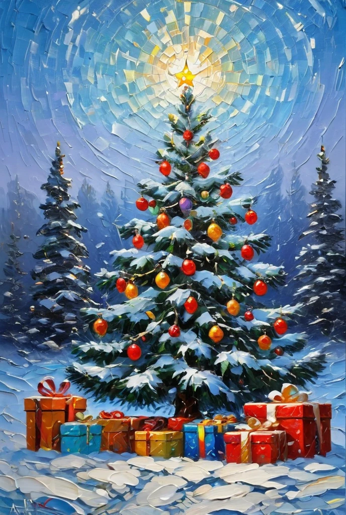 New Year tree,  gifts

oil, palette knife , L-style . aфремов+a. Zaitsev, BRIGHT, magical