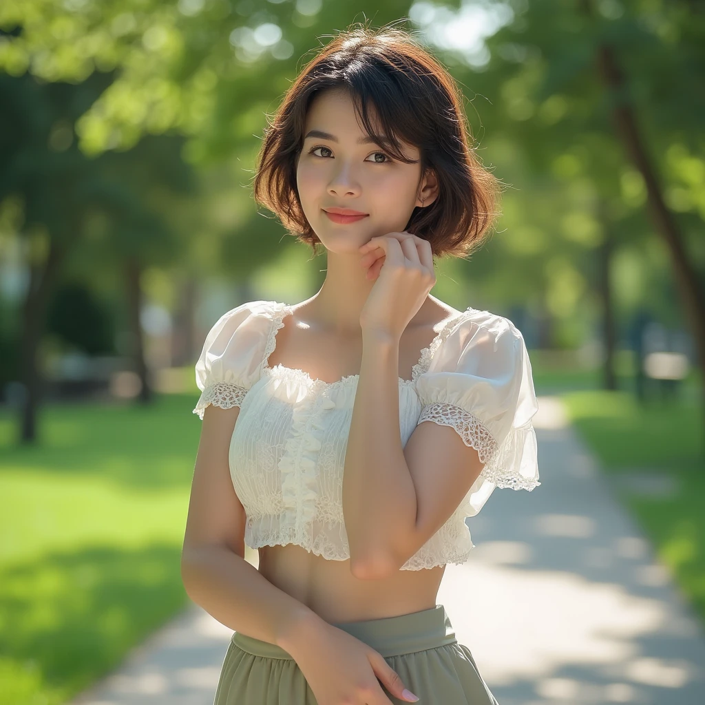 (8k, highest quality, masterpiece: 1.2), ultra detail, highest quality, ultra high resolution, professional lighting, photon mapping, radiosity, physically based rendering, cinematic lighting, depth of field, focusing, sun rays, good composition, (bokeh: 1.2), 1 girl, (full body), smile, beautiful eyes, pose, constriction, brown hair, short hair, prairie blouse light blue, skirt,park,hand {fingers} Kawaii {finger} hand,